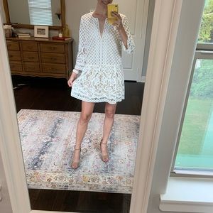 BCBG white lace dress, sleeve,  nude underlay
